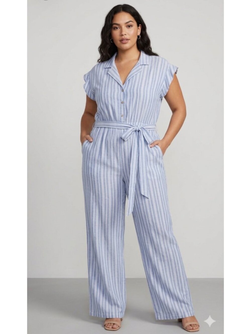 Blue rain Women’s Jumpsuit Blue & White Button-Up Belted Waist Cap Sleeves Sz L